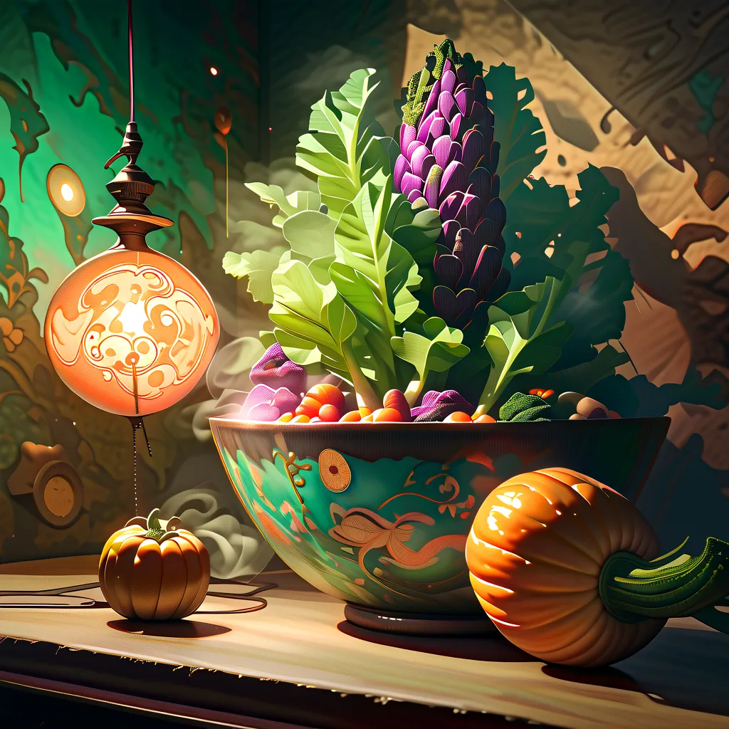 vapor, decorative vegetablesvapor, decorative vegetables, steam atmosphere, Still life,  surreal , digital illustration, oil painting, 8K,  extreme detail, Studio lighting, vivid colors, bokeh
