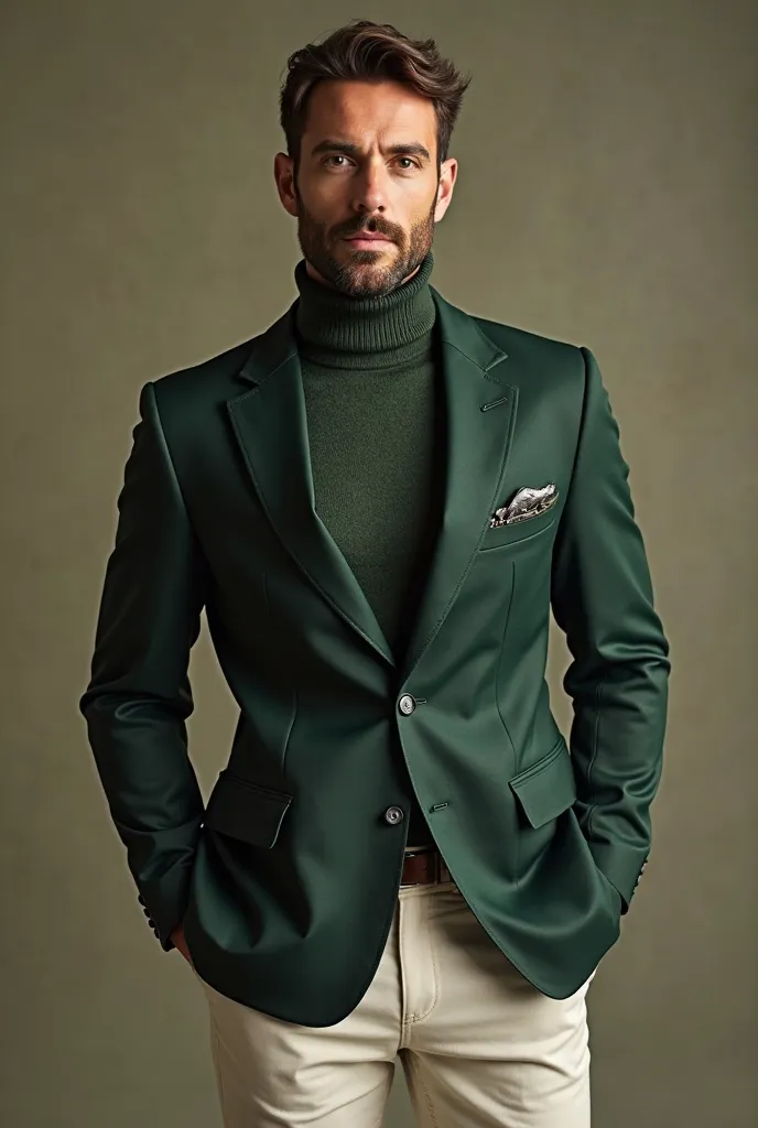 elegant blazer men's turtleneck: dark green, slim-fit design, combined with ivory shirt inside.

European trousers: Ivory white or dark green, with light cups for elegance.

Tie or pocket scarf: Dark green or light texture, accent but not too fussy.

Oxfor...