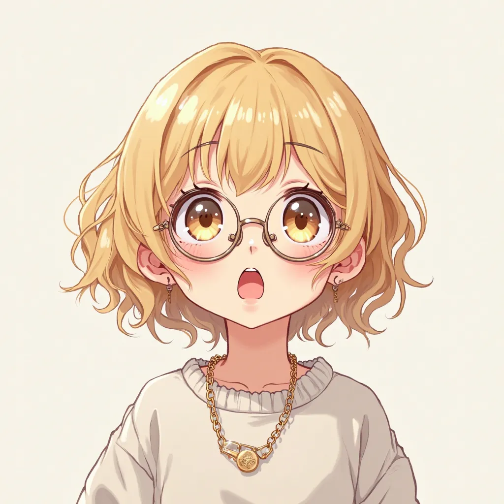 anime girl with shocked expression blonde short curly hair round glasses with glasses chain cute white sweater