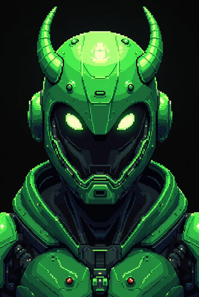 a close up of a green robot with a black background,  Pixel art  inspirado en Attila Meszlenyi , policonteo,  Pixel art , A Minecraft, Inspired by the super bomberman, bio - mech face, in a horned helmet,  complete object in the medium ,  greenish tint , p...