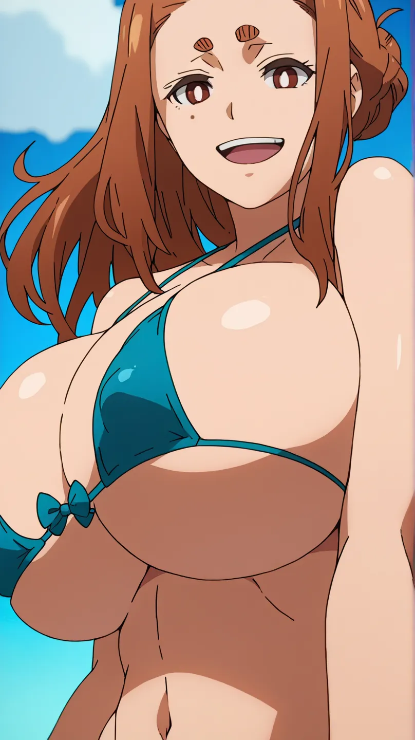 ,Ogawa Sumireko, 1 girl,  half-open、smile、、 bikini、、Big Breasts、 long breasts,gigantic breasts,,puffy nipple