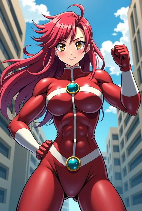 My Hero Academia Style , Anime girl, female, young female ,Full Body Shot,(fighting Pose:2),Long hair, Red Hair,  Brown Eyes,Hero Suit, Full Body Suit, red suit with white details,small round blue jewel in the center of the chest, perfect anatomy,  Toughen...