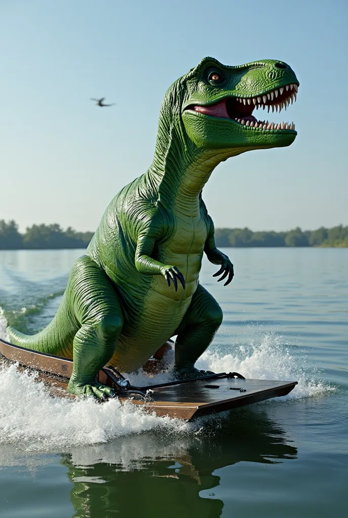 A Left side angle view of a green Sitting Tyrannosaurus rex with a Outboard Boat propeller motor mounted underneath the back of the T. Rex’s Tail Accelerating the T. rex at full throttle on the water very fast makes the T. rex start to say VROOM VROOM make...