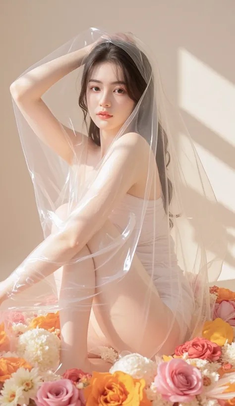 photo,photography,realistic photo,Highly detailed, photorealistic full-body portrait of a fair-skinned professional model posing elegantly, entirely enveloped in a thin, transparent film, with a lush, vibrant array of flowers delicately arranged beneath, a...