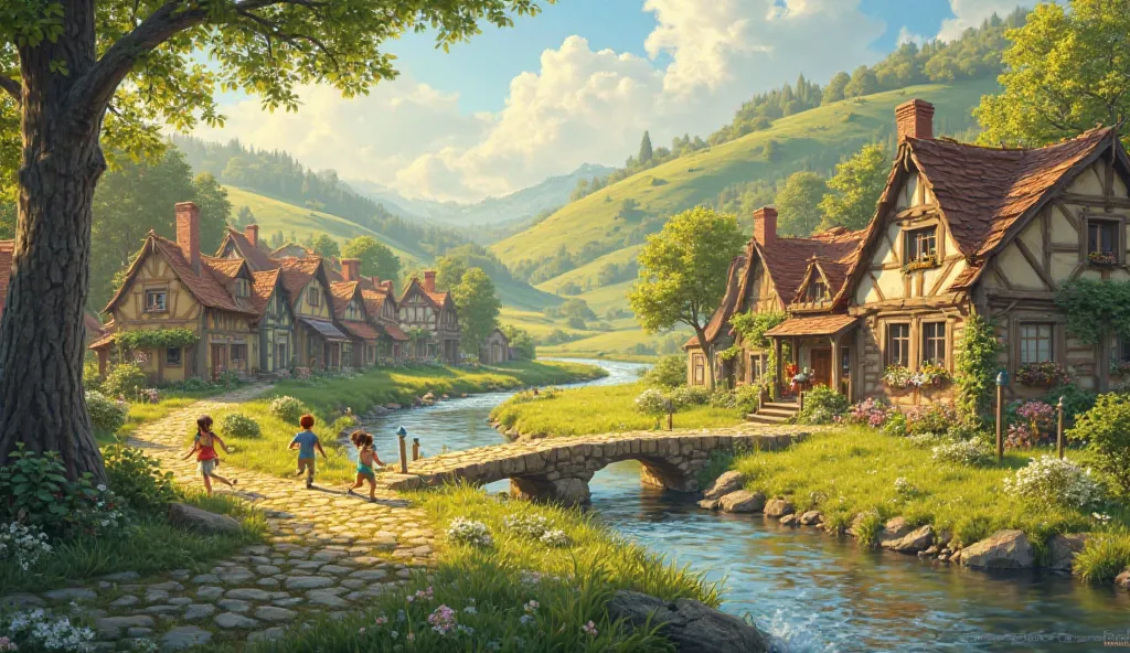 The Village

"A picturesque village nestled among rolling green hills, with cobblestone streets, charming cottages, and ren playing near a flowing stream under the golden afternoon sun."