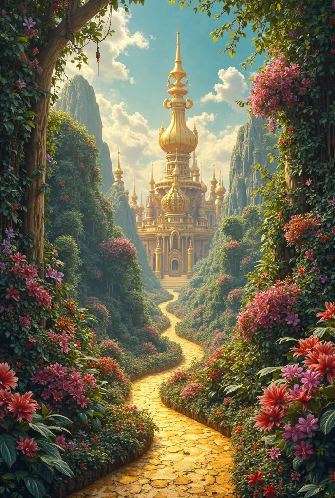 Looking thought the lush palatial gardens foliage into a steampunk golden pathway towards a golden magical kingdom full of treasures and vibrant life, concept art, surreal, dali, high res, cinematic