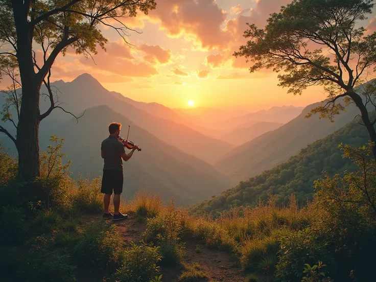 A photo that involves music and beautiful natural landscapes(with sunrise)