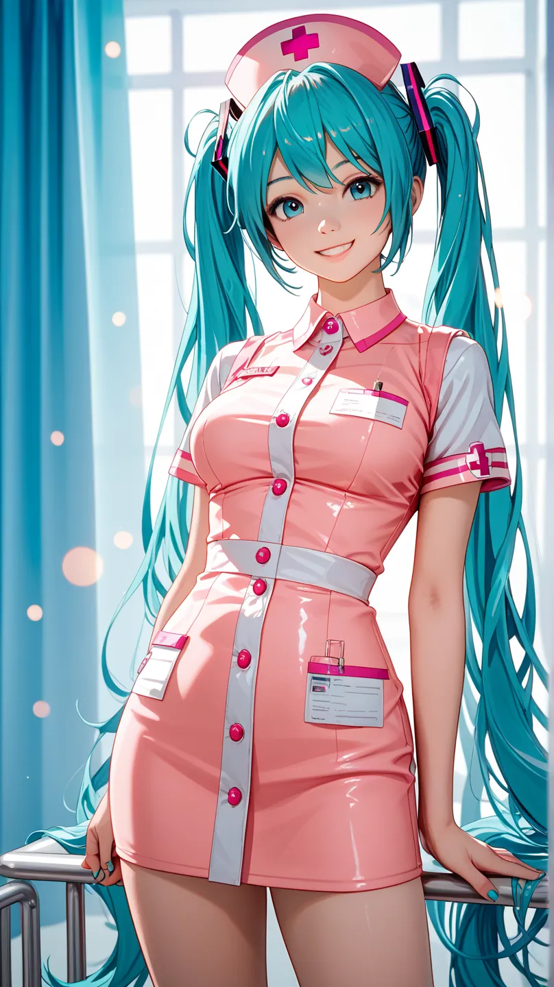 (masterpiece, best quality:1.2), 1 girl, Alone,standing_, Hatsune Miku, smile, pink nurse outfit,  hospital background, White lighting, Soft Bokeh, vivid colors, 4K realistic with lots of detail、anime