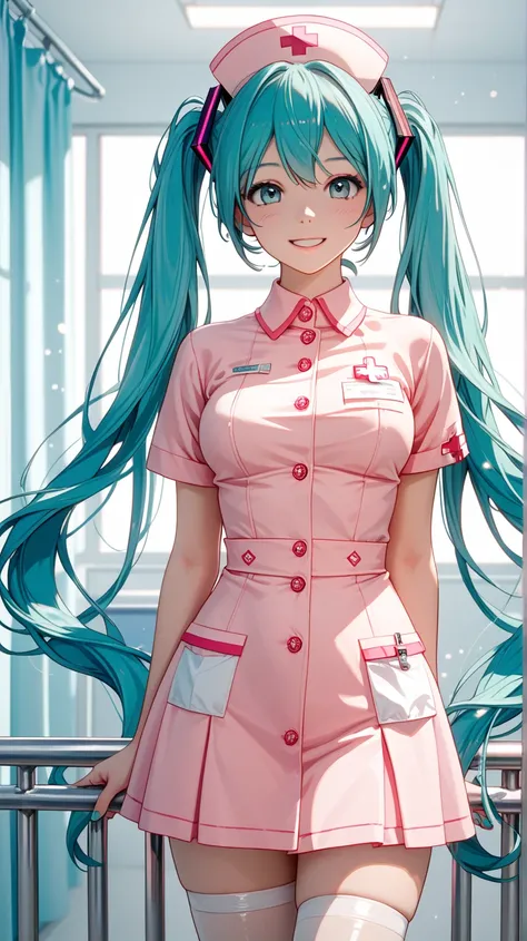 (masterpiece, best quality:1.2), 1 girl, Alone,standing_, Hatsune Miku, smile, pink nurse outfit,  hospital background, White lighting, Soft Bokeh, vivid colors, 4K realistic with lots of detail、anime