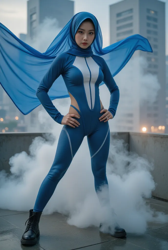 1 malay girl, solo,long big hijab, blue eyes, medium hijab, superhero, blue and white leotard, leggings, boots, hands on hip, top of building, very windy, city background, bokeh, nighttime, high quality, ultra detail, 8k, action pose, cinematic lighting, l...