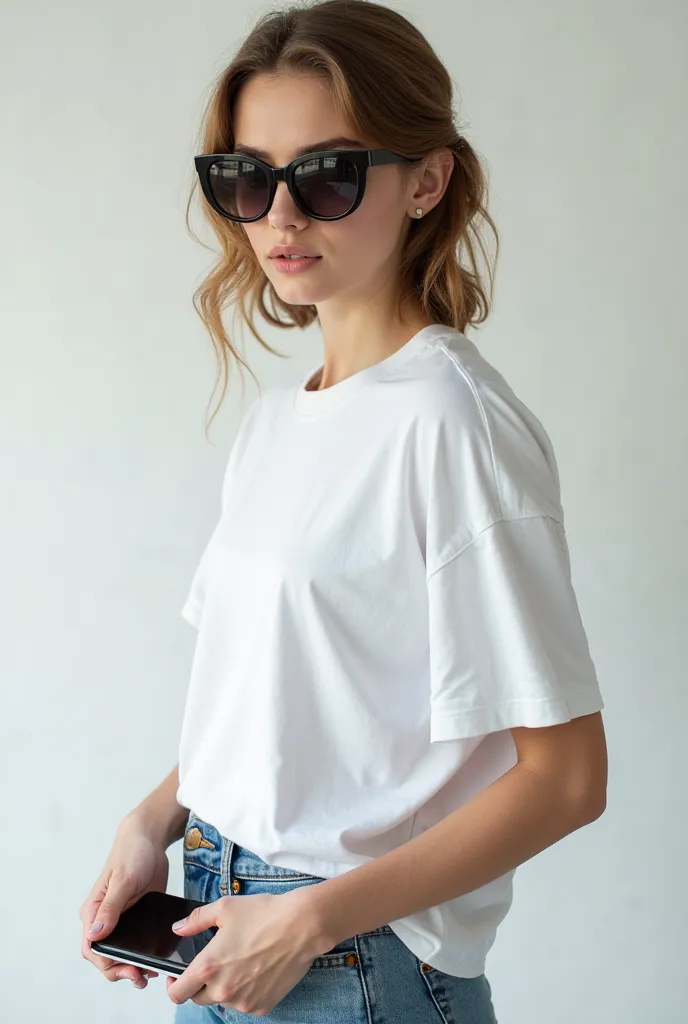  Beautiful Russian girl in a WHITE oversized t-shirt, in trousers,  with sunglasses, on a light monochrome background, looks at the phone in one hand