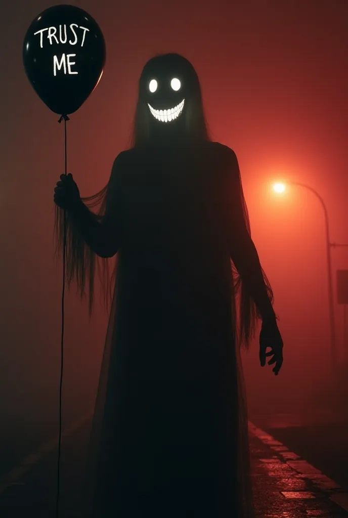 A tall, distorted shadow, with a wide, exaggerated smile shining in the dark,  as if he were having fun with a dark secret . In your hand, a black balloon with the phrase 'Trust me' written in trembling letters.  The background is misty , with a reddish ti...