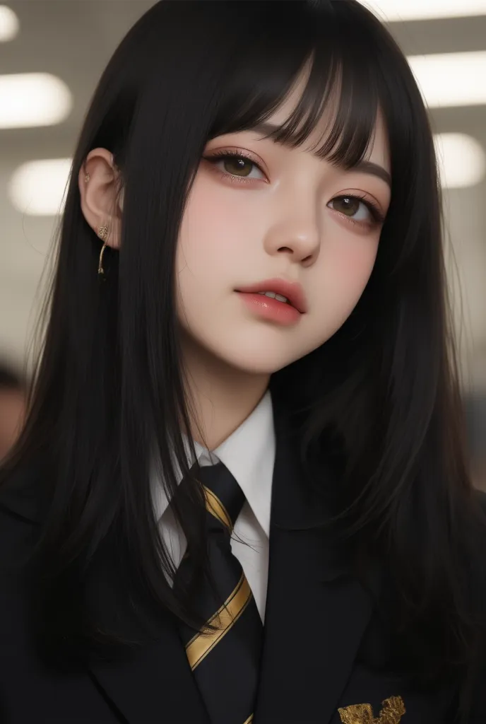 long black hair, blushing, shy, timid, black uniform with gold accents, Hyperrealism, film grain, bokeh, Sony FE, masterpiece, high quality, high details