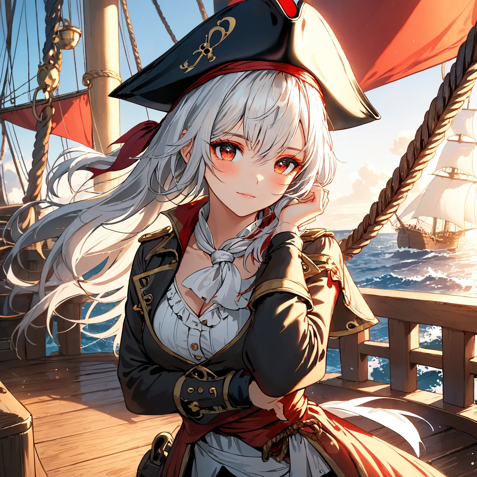 Female, Beautiful tied-up White hair, Fox ears, blushy face, Red eyes, Make up, Red eye shadow,  Pirate hat, Pirate clothing, Standing on a Pirate ship