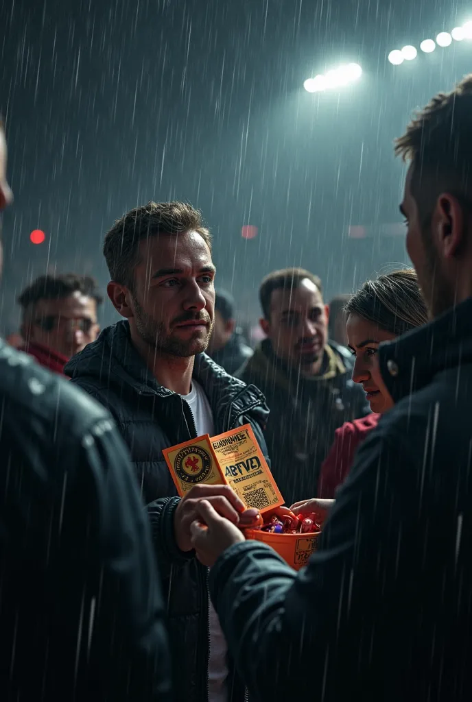 People bring football ticket at black background & rainning