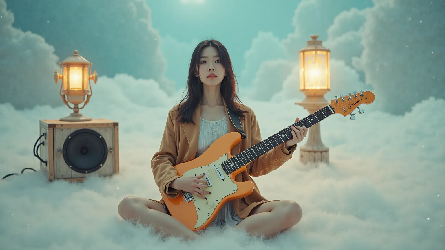 make it 70% double, she is sitting sit, lets crossed legs, mini, live-action、Real、Beautiful Japanese woman holding a beige and orange electric guitar、Mods coat、Headphones、skirt ,、Guardian-shaped speaker、Lantern-shaped searchlight、、Cloudy, 