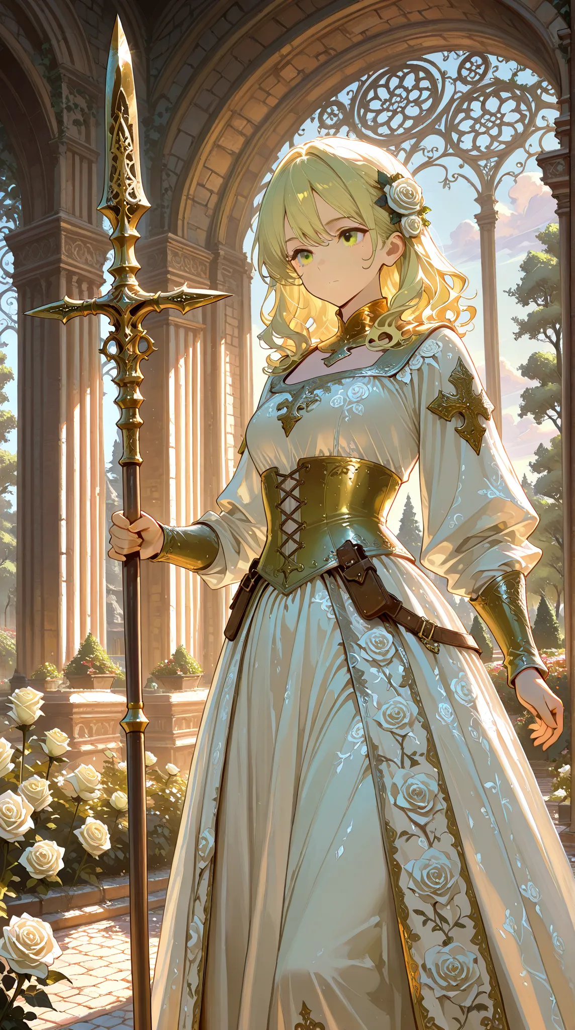 High resolution, Super detailed, Best Quality, masterpiece, 8K, 4K, beautiful background, the best aesthetics, (flat color:0.6), 1girl, blonde_hair, yellow_eyes, wavy hair,medium hair, white rose, White Rose of York cosplay, medieval costume, elegant pose,...