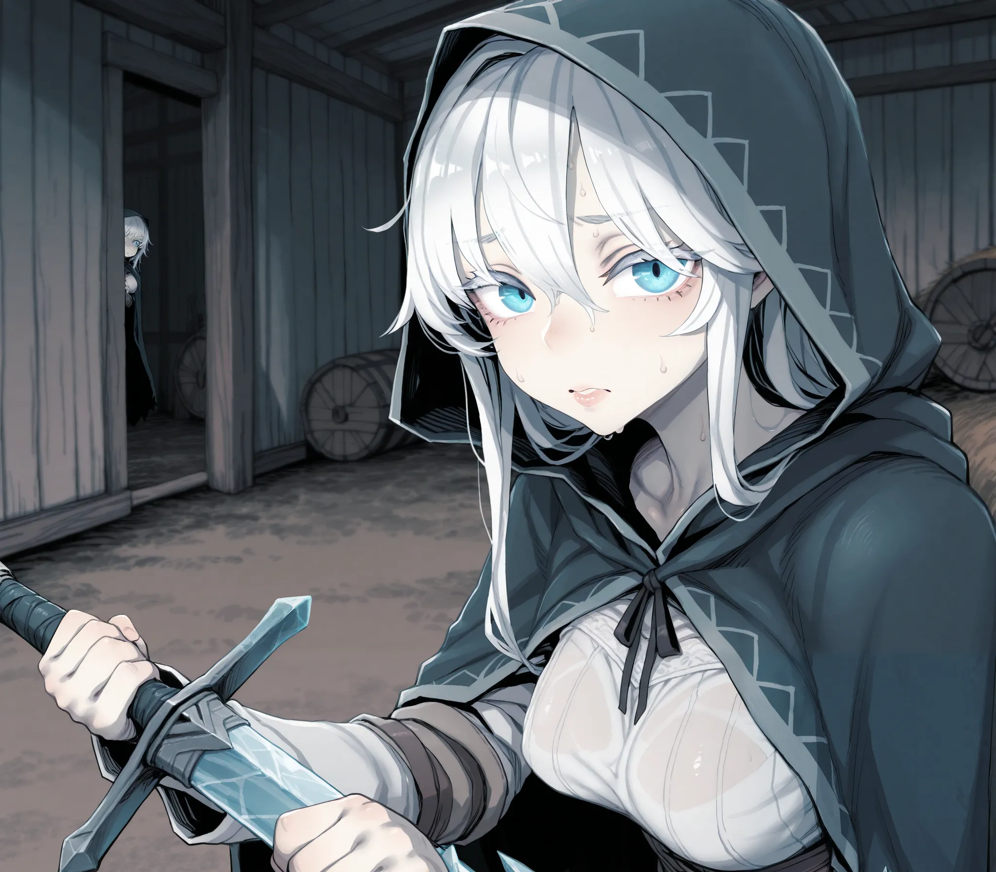 Deadflow style, upper body, solo, face focus, looking at viewer, pale skin, full lips, gentle, blue eyes, white eyelashes, neck length hair, white hair, messy bangs and fringes, dark teal cloak, holding sword, medieval fantasy, barn, dim, hiding, crouched,...