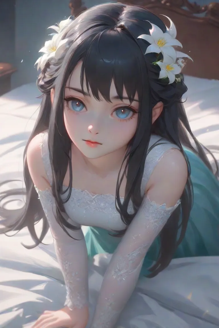  girl with long hair and flower hair  (anime style), cute anime wife wearing a nice dress, beautiful anime girl crawling on the bed, cute detailed digital art, Beautiful Anime Style Portraits, pixiv and artstation guweiz , Portrait of,   Guweiz on ArtStati...