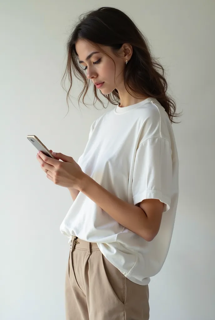  Beautiful Russian girl in a WHITE oversized t-shirt, in trousers, on a light monochrome background, looks at the phone in one hand