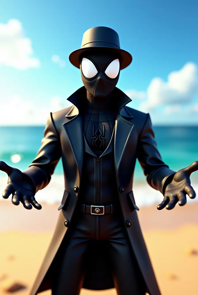 A high-quality 3D rendering of Spider-Man Noir, wearing his classic black comic costume, including his iconic overcoat and fedora hat. His mask has no mouth, keeping his mysterious air, but your white eyes are large and clearly arched upwards, conveying a ...