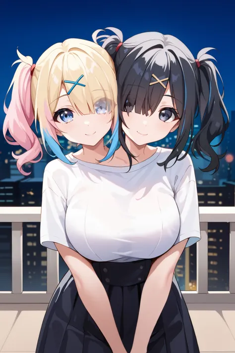 3heads, threeheads, a tall thin woman with 3 heads, AmeChan, black hair, black eyes, medium hair, twintails, hair over one eye, x hair ornament, KAngel, blue eyes, multicolored hair, blonde hair, blue hair, pink hair, large breasts, front shots, city, nigh...