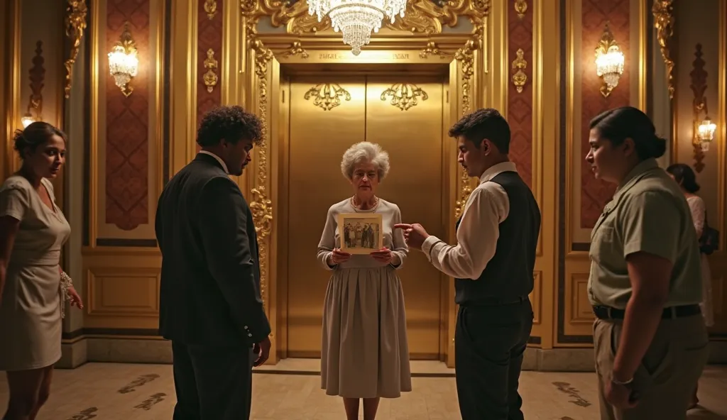 Three traumatized young adults stand before an ornate golden elevator in a 1930s art deco ballroom where faceless spectral figures in period clothing dance around them. The mixed-race woman with curly brown hair stares in horror at a vintage photograph sho...