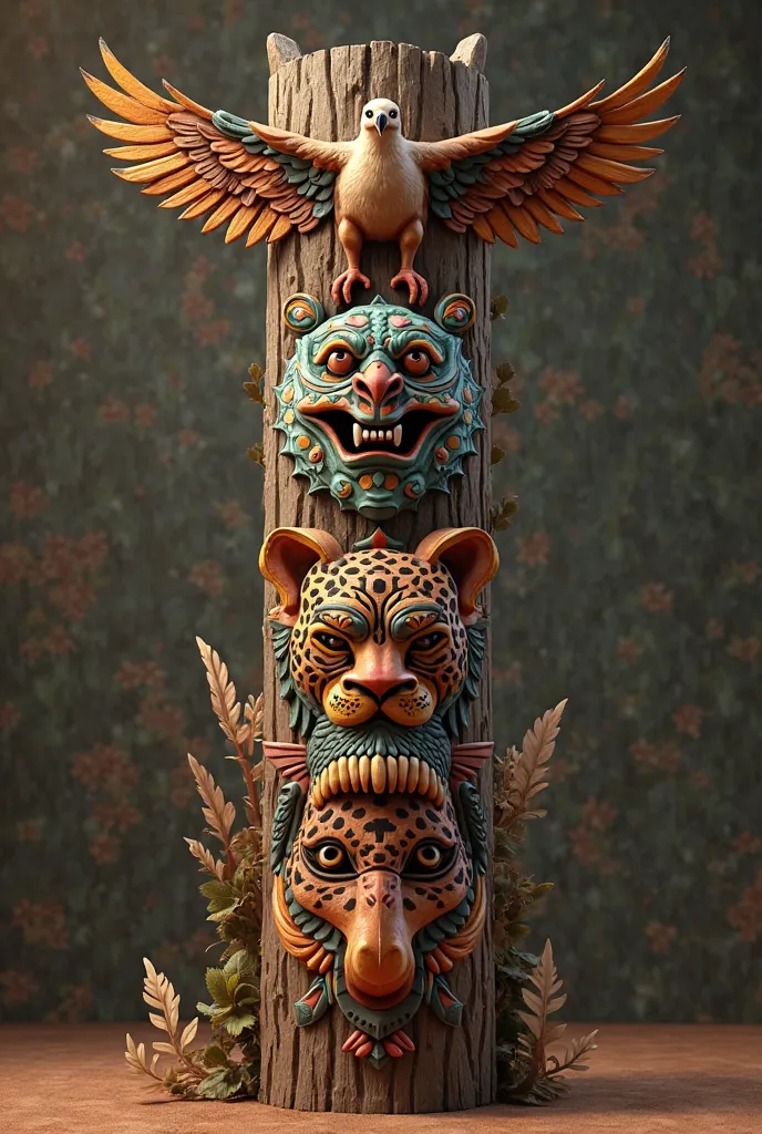 Make a 3d totem style illustration with carved wood effect that includes as its main element a Barranquilla marimonda, Jaguar and the Condor of the Andes