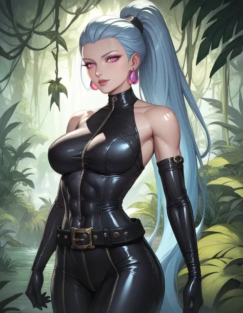 female black sleeveless latex bodysuit, black belt, black long tight pants with, racerback, bare shoulders, long elbow gloves, black gloves, toned arms, beautiful faces, light blue ponytail with showing forehead, long ponytail, earrings, soft smooth skin, ...