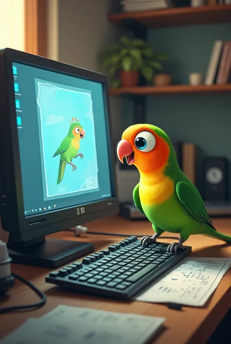 Take the bird over there as a reference and take a picture of it playing on a computer 