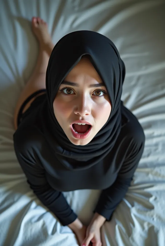 Two very beautiful hijab girls smooth skinned and white,wears sexy see-through black g-string,lying down and screaming on the mattress,eyes glaring,17yo,slim body,Slender body,HD Image,full body foto,full body photo angle,full body photo,full shot, screami...