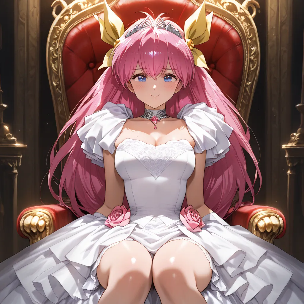 ((Best Quality)), ((masterpiece)), (Details), （perfect face）、Momoko Hanasaki, who has excellent proportions and has pink hair, smiles gently, wears a devilish black wedding dress, is dressed with gorgeous jewelry accessories, surrenders herself sincerely a...