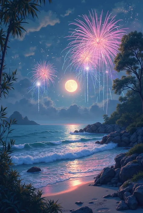 moon fireworks seaside wallpaper