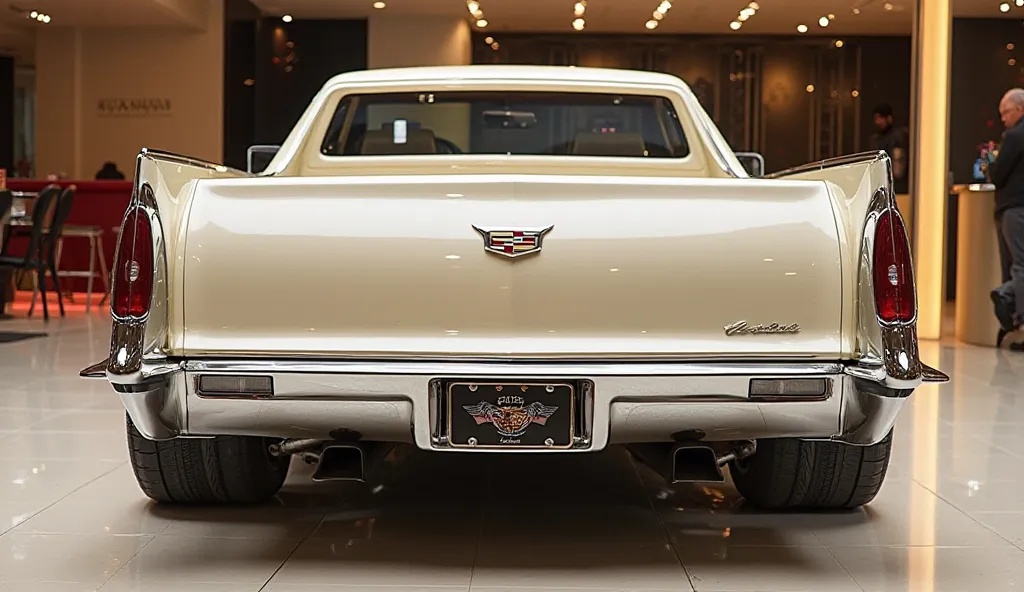 "A luxurious, camera 2025 (Cadillac coupe DeVille pickup) with a bold and modified design, featuring a (cream) shiny polished exterior. In the (back 
) view, the car modified is highlighted, showcasing a custom (back) with an aggressive design. The feature...