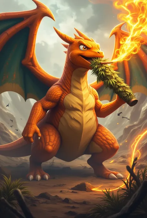 Make an image of the Pokémon Charizard smoking a giant marijuana cigarette, spitting fire