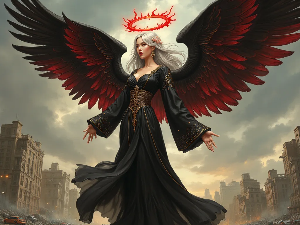 Detailed proportions and textures and multi-color with airbrushed brush strokes that presents a semi-realistic illustration in Chinese of a female figure with large, striking wings. The wings are predominantly black-shine with vibrant red-crimson accents, ...