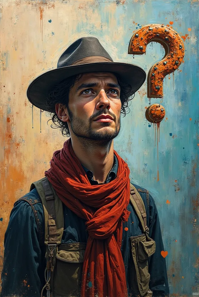 abstract painting portrait of a painter wearing a hat and a shawl around his neck plus a question mark