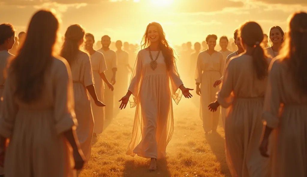 A luminous divine figure walking among a smiling people in a golden valley, extending her hands and blessing them.