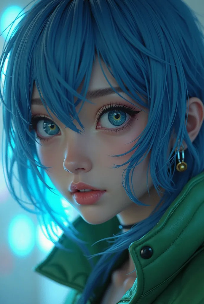 a close up of a person with blue hair and a green jacket, a character portrait inspired by Jang Seung-eop, trending on cg society, realism, female lucio, kda, tane skin, lucio as a woman, portrait knights of zodiac girl, style league of legends, cyber univ...