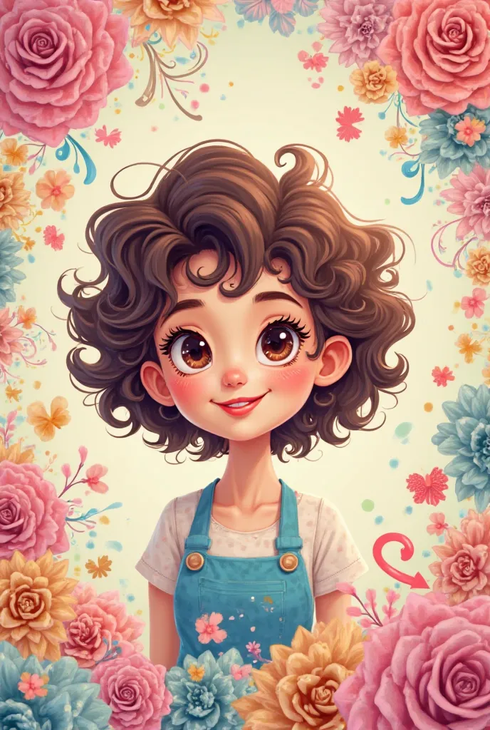 Create a banner for a store that makes cake decorations and stickers with an avatar of a short woman with short curly hair 