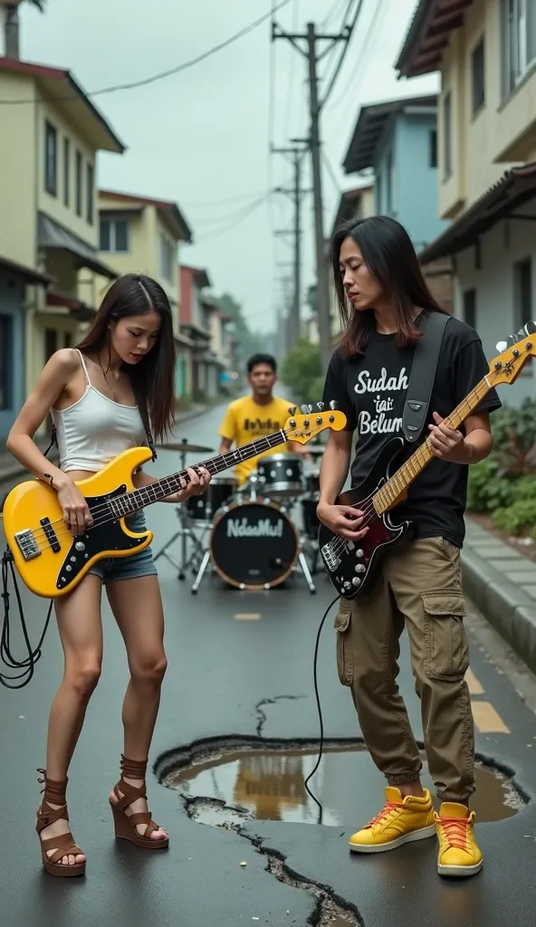 Photography Realistic. Wide shot. Ultra details, ultra focus. There are three personils of band. A Man is taller and bigger than Woman. an Indonesian female guitarist with white skin, body slim, long brown hair, black nail polish, dressed in a white tank t...