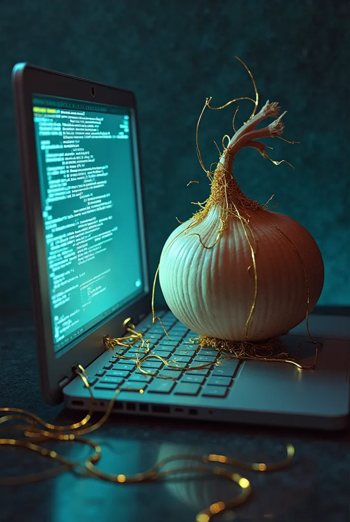 Make me an image of an onion on the computer hacking credit cards and with a gold thread around its neck