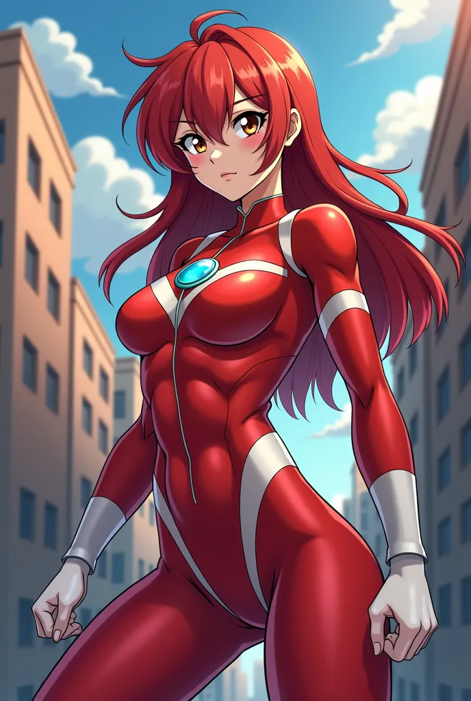 My Hero Academia Style , Anime girl, female, young female ,Full Body Shot,(fighting Pose:2),Long hair, Red Hair,  Brown Eyes,Hero Suit, Full Body Suit, red suit with white details,small round blue jewel in the center of the chest, perfect anatomy,  Toughen...