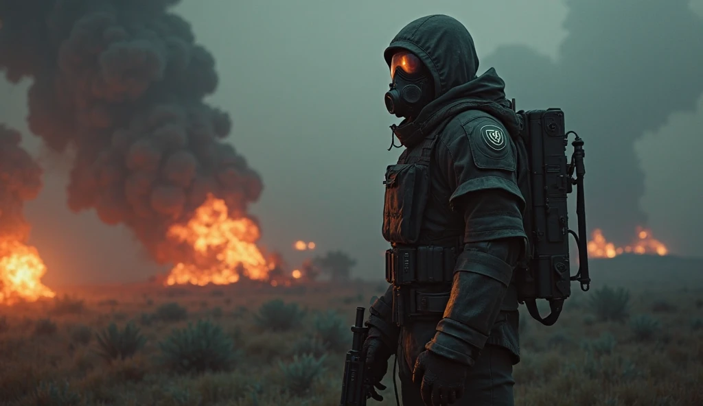 Dark, Vintorez VSS is holding a dark one with clouds of explosions and mysterious anomalies, that are common in the STALKER world Dark and dusty turns with the addition of atmospheric lighting effects, Stalker wearing a gas mask and exoskeleton, Vintorez V...