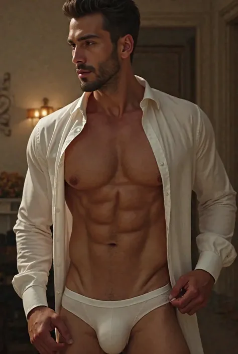 A handsome and muscular guy, wearing a white shirt and trousers, is slowly undressing, leaving only men's underwear