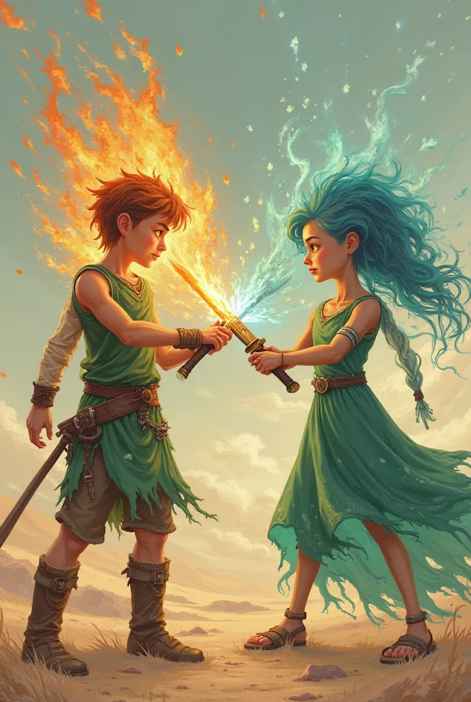 A  boy wearing green singlet and his head on fire fighting a  girl with her made of water wearing green dress and let the boy fight with fire sword and the girl with water sword in a dry abandoned desert with a text at the back ground saying big time 