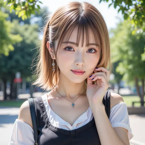 ((8K wallpaper)),((blond hair)),((short ponytail)),((big breasts,Big Breasts)),(( beautiful Japanese girl)),((University Campus Background)),((colorful manicure for nails)),((earrings, necklaces)),smiles, ribbons, ((Wearing an oversized shirt)),((wearing a...