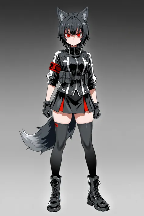 Black Hair, Red Eyes, Wolf Cut Hairstyle, Short Hair, Techno Jacket, Sharp eyes, Black Skirt, Thigh Highs socks, Combat boots,Tactical Gloves, Red Armband on right arm, Detailed Faces, Asanagi Artstyle, Looking at Viewer, Fox Ears, Fox Tail,