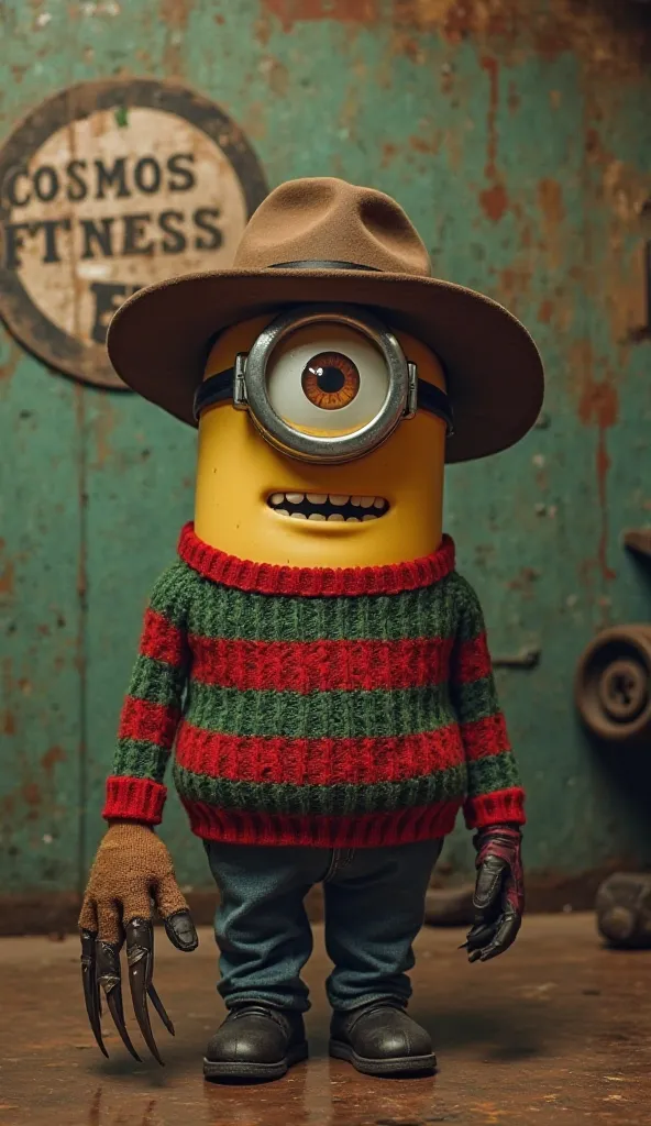 Character that is a mix of Minion with a single big eye and a pair of glasses, with the original face of Freddy Krueger, from the film "A Nightmare on Elm Street". The character is at a gym called "Cosmos Fitness", wearing a brown hat, a red and green stri...