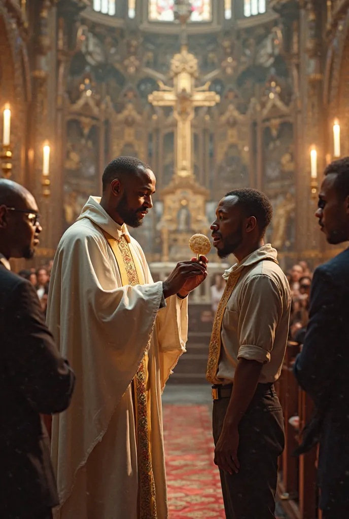 Image of a Catholic priest giving the wafer to a black man at a mass where there are a lot of people around